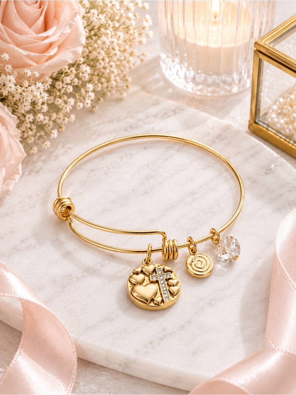 LOVE THIS LIFE Faith Gold Bangle Charm Bracelet | Cross Crystal Charm Gold Tone